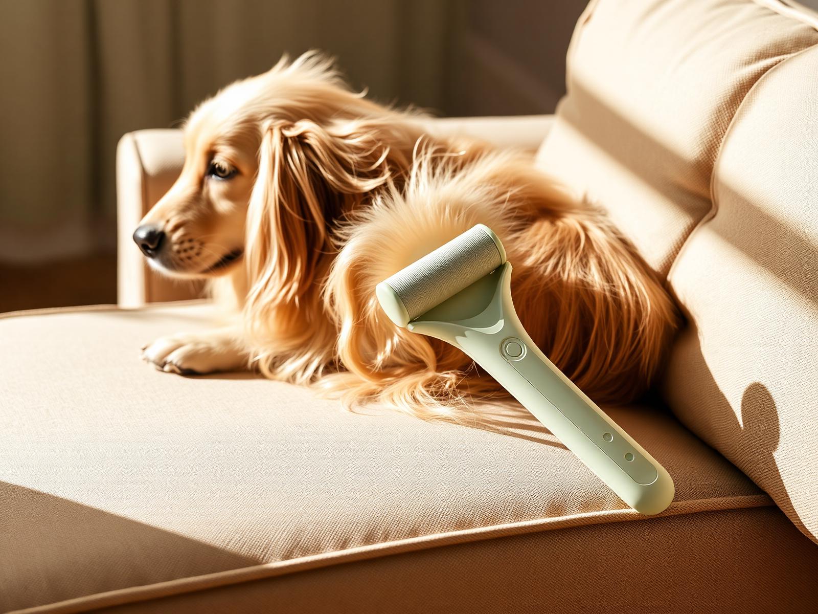 FurSweep reusable pet hair roller on a beige couch with a golden retriever